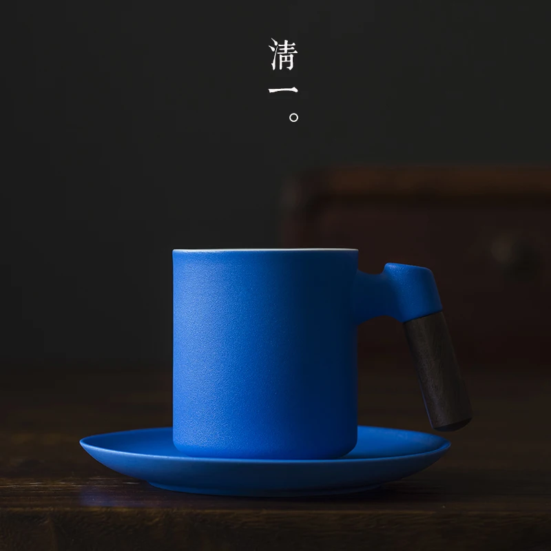 

2022 New Ceramic Coffee Cup Set Klein Blue and Red Colour Simple Coffee Set With Saucer Water Cup Japanese Handmade Ceramic Mug