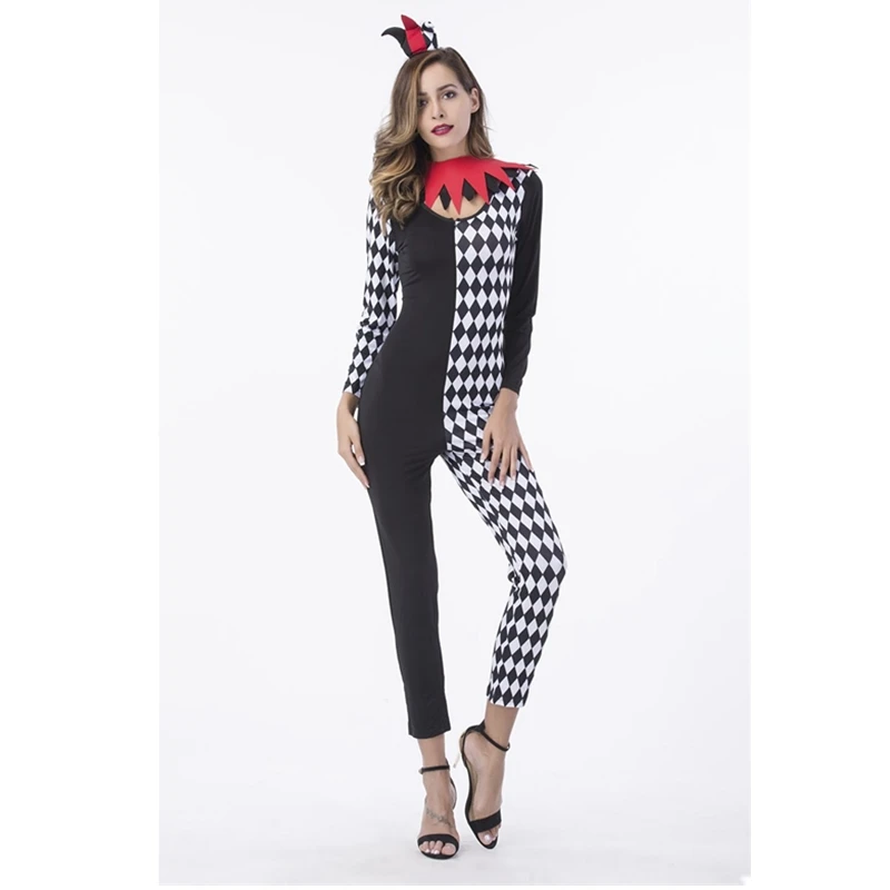

M-XL Adult Women Halloween Circus Clown Costume Magic Burlesque Show & Tell Harlequin Half Plain Jumpsuit Cosplay Uniform