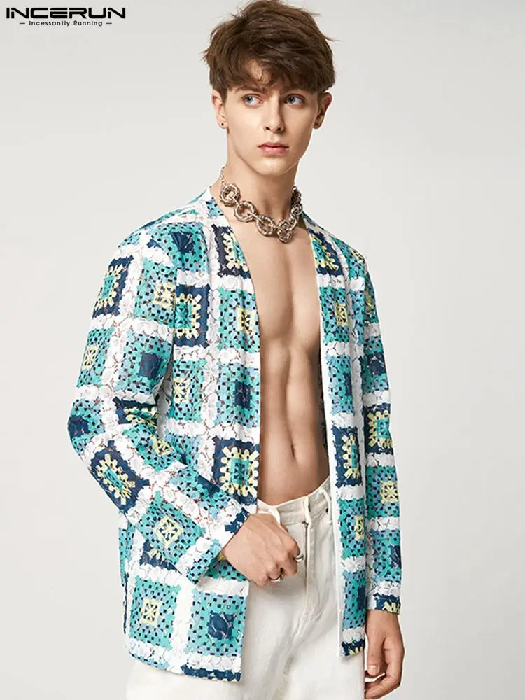 INCERUN Tops 2023 American Style New Men's Pane Flower Printing Blouse Casual Streetwear Male Long Sleeve Cardigan Shirts S-5XL