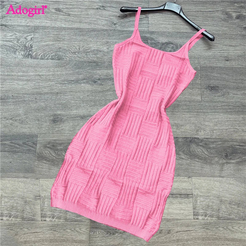 

Adogirl Stripe Plaid Knitted Mini Dress for Women 2022 Summer Spaghetti Straps Highly Stretchy Bodycon Dresses Casual Outfits