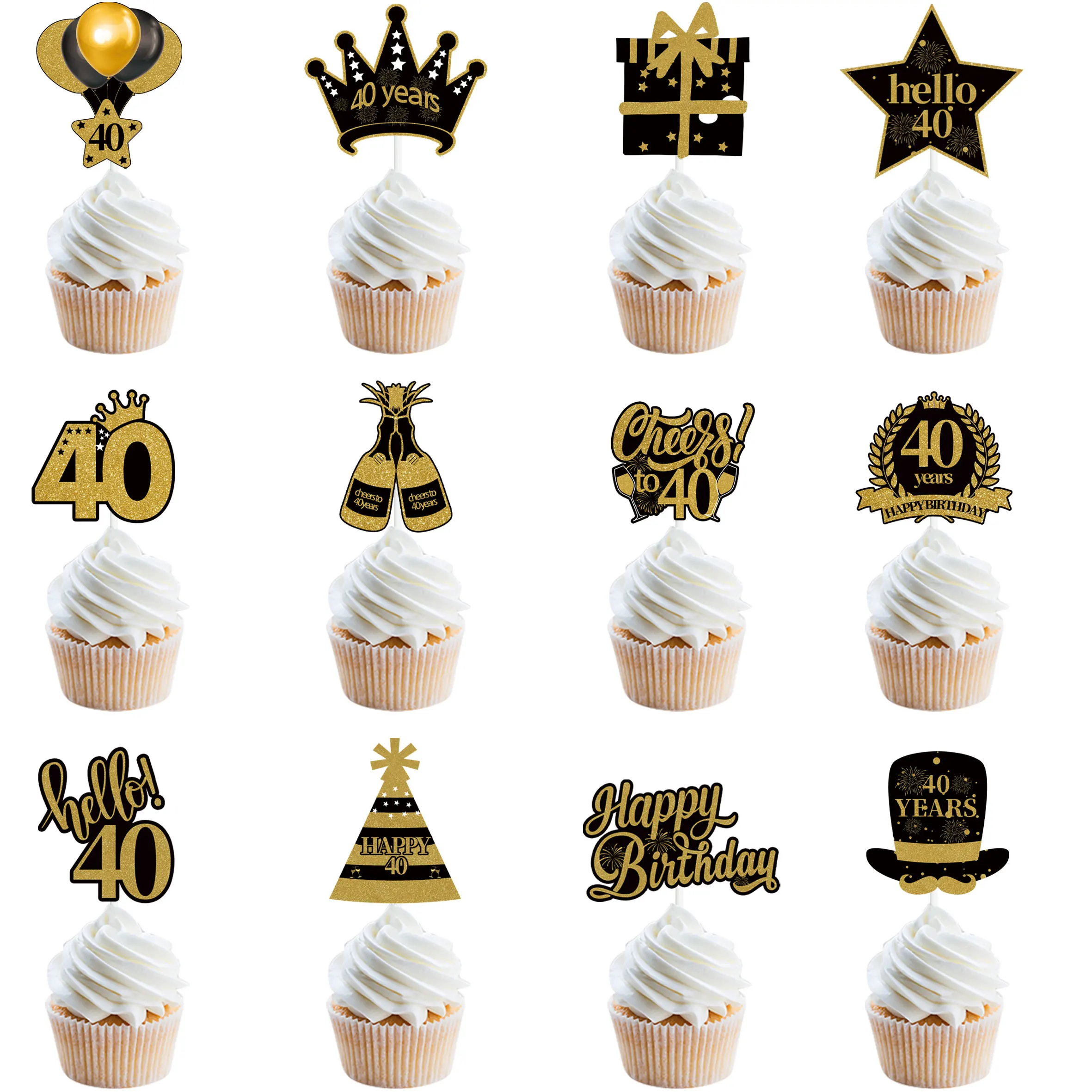 Торт на день рождения 12 шт. Черное золото Happy 30 40 50 60 70 80 лет