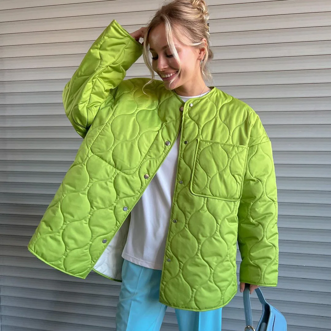 2023 Autumn Women's Cotton-padded Jacket Green Solid O-neck Single Breasted Pockets Long Sleeve Female Elegant Ladies Clothes