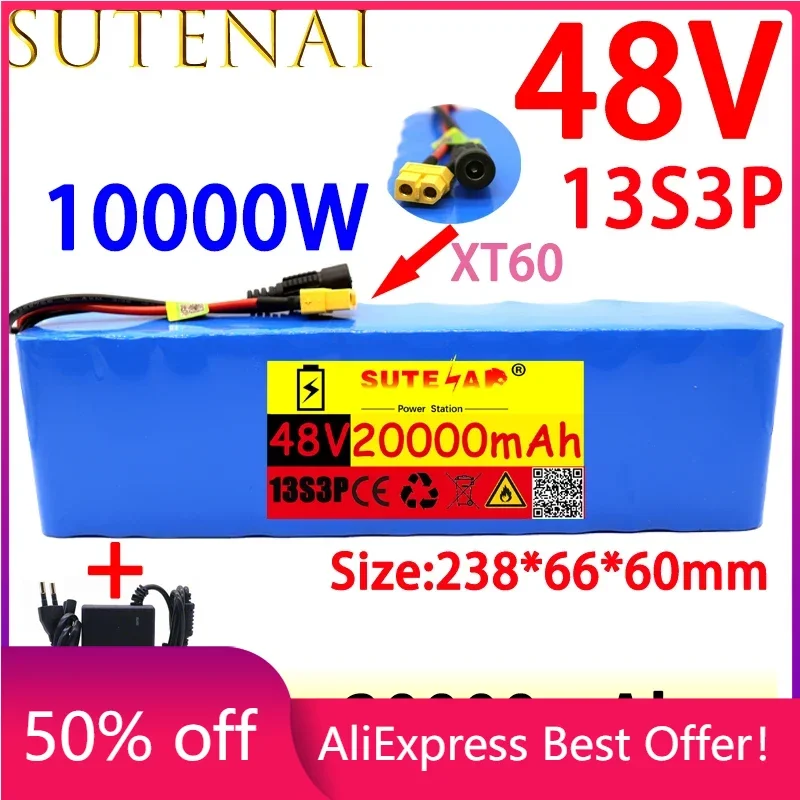 

48v20ah 1000W 13s3p 48V lithium ion battery pack XT60 plug for 54.6V electric bicycle and scooter. Engine, with BMS+54.6vcharger