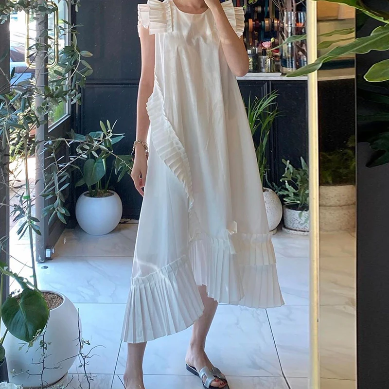 

2021 Summer Women Kawaii Round Neck White Dress Korean Style New Fashion Irregular Ladies Solid Color Loose Casual Long Dresses