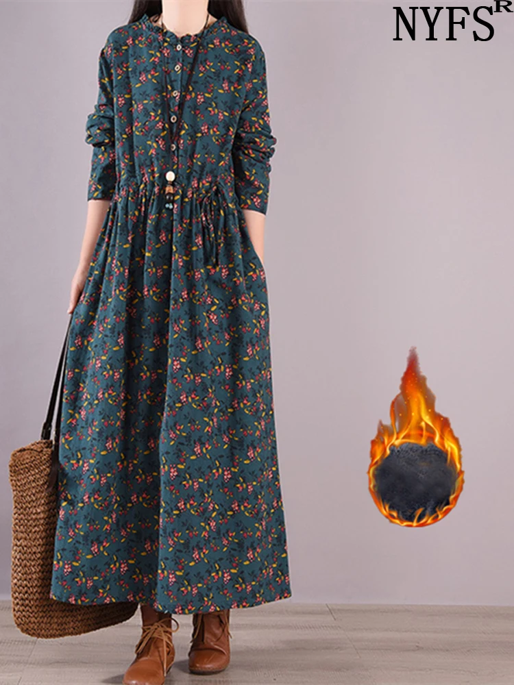 

Женское флисовое платье NYFS, Свободное длинное платье с цветочным рисунком, в фольклорном стиле, Осень-зима 2022