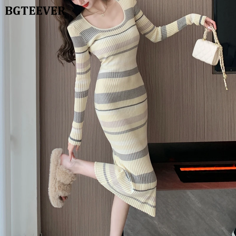 Платье BGTEEVER женское трикотажное в полоску модное элегантное облегающее