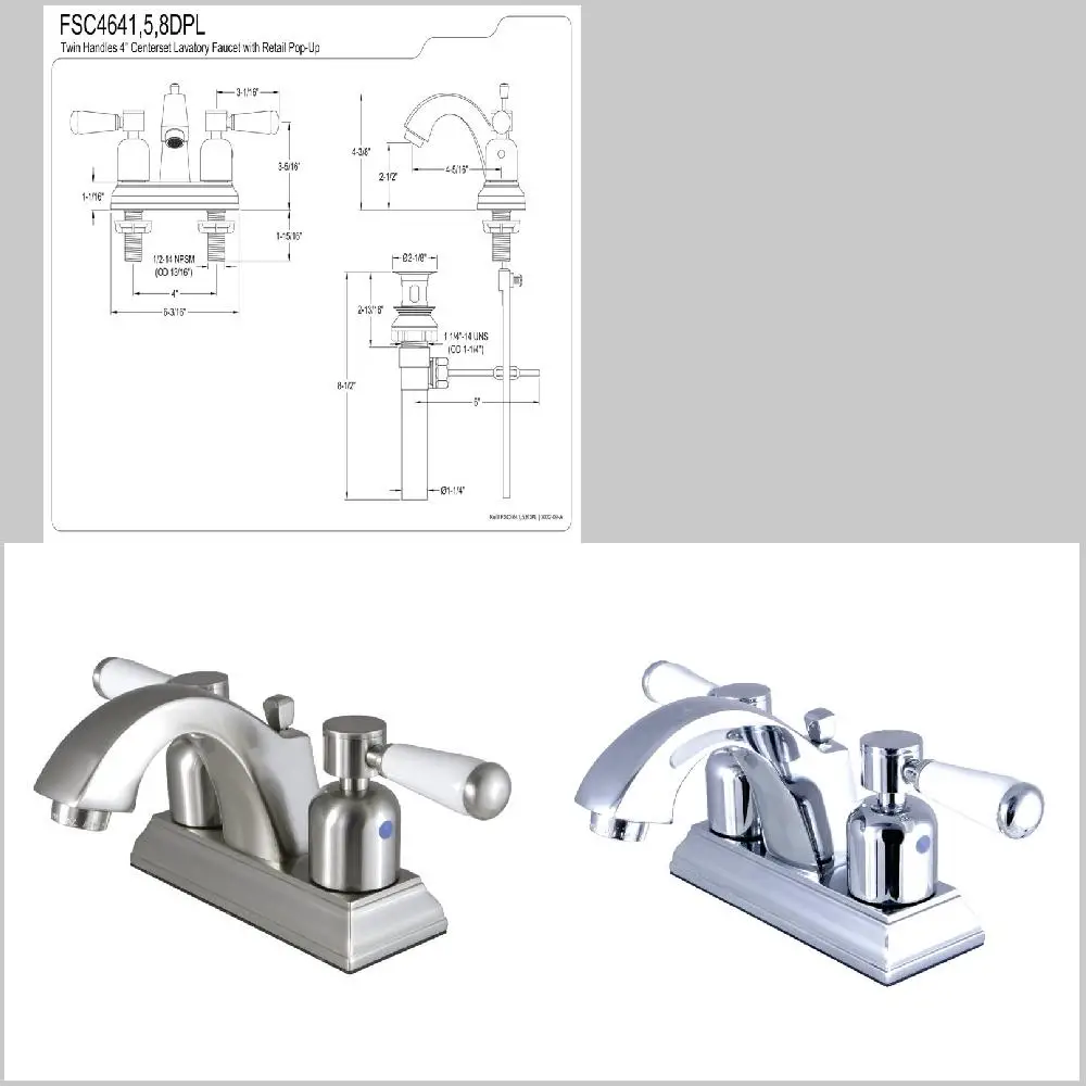 

Fashionable 4in Brushed Nickel Paris Centerset Bathroom Faucet with Elegant Pop-Up Drain, Modern Styling.