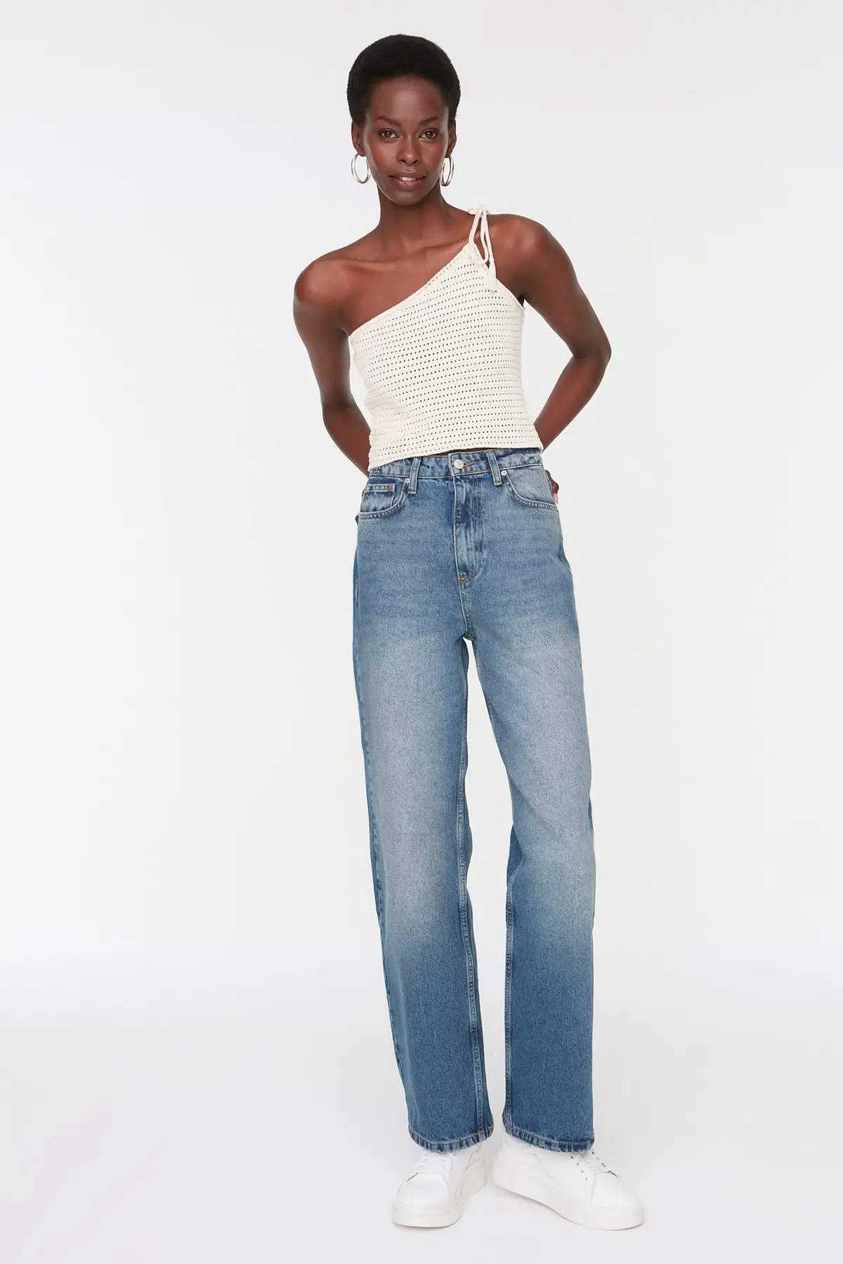 

Women's Jean Blue High Waist & S Wide Leg Full Length Straight Pant Streetwear Female Buttons Zipper Ladies