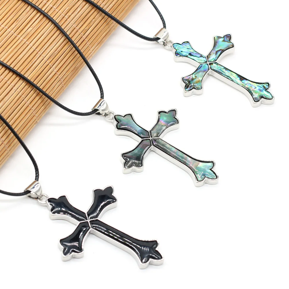 Natural Freshwater Shells Abalone White Black Shell Cross Pendant Necklace For Jewelry Making DIY Accessories Charm Gift 47x67mm