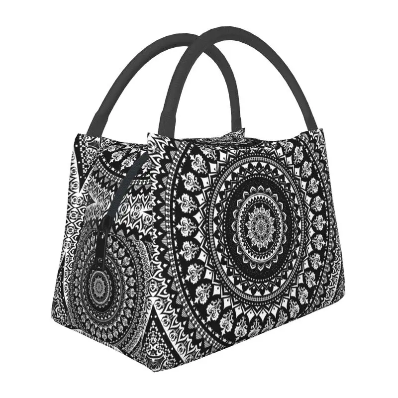 

Mandala Monochrome Insulated Lunch Tote Bag for Women Boho Resuable Cooler Thermal Food Lunch Box Work Travel