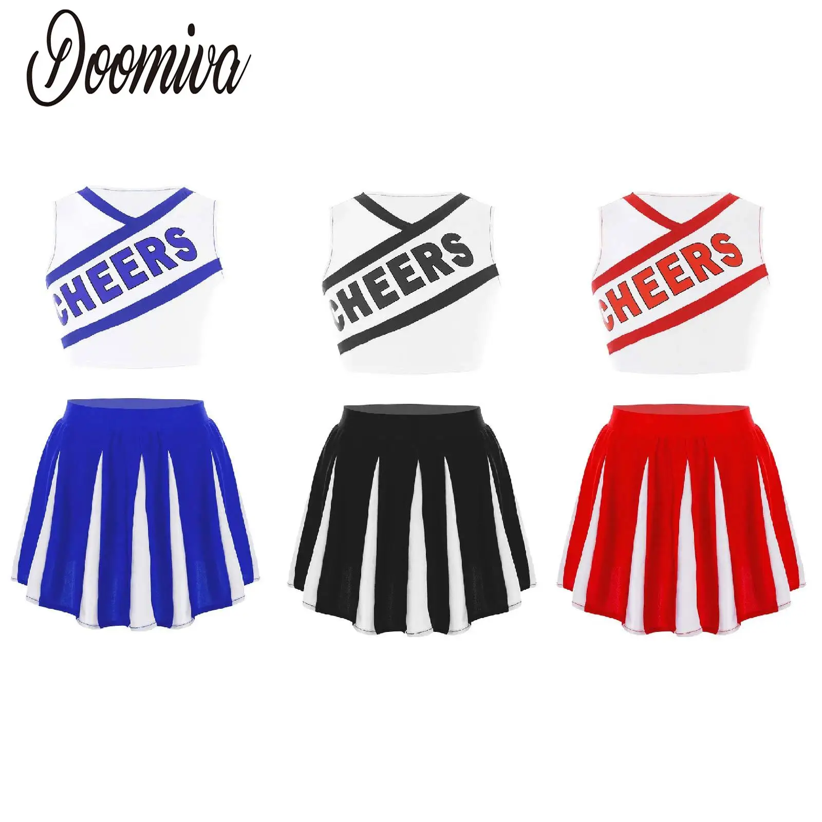 

Kids Girls Cheerleader Uniform Cheerleading Dance Suits Sleeveless V Neckline Letter Print Crop Top with Skirt Halloween Clothes