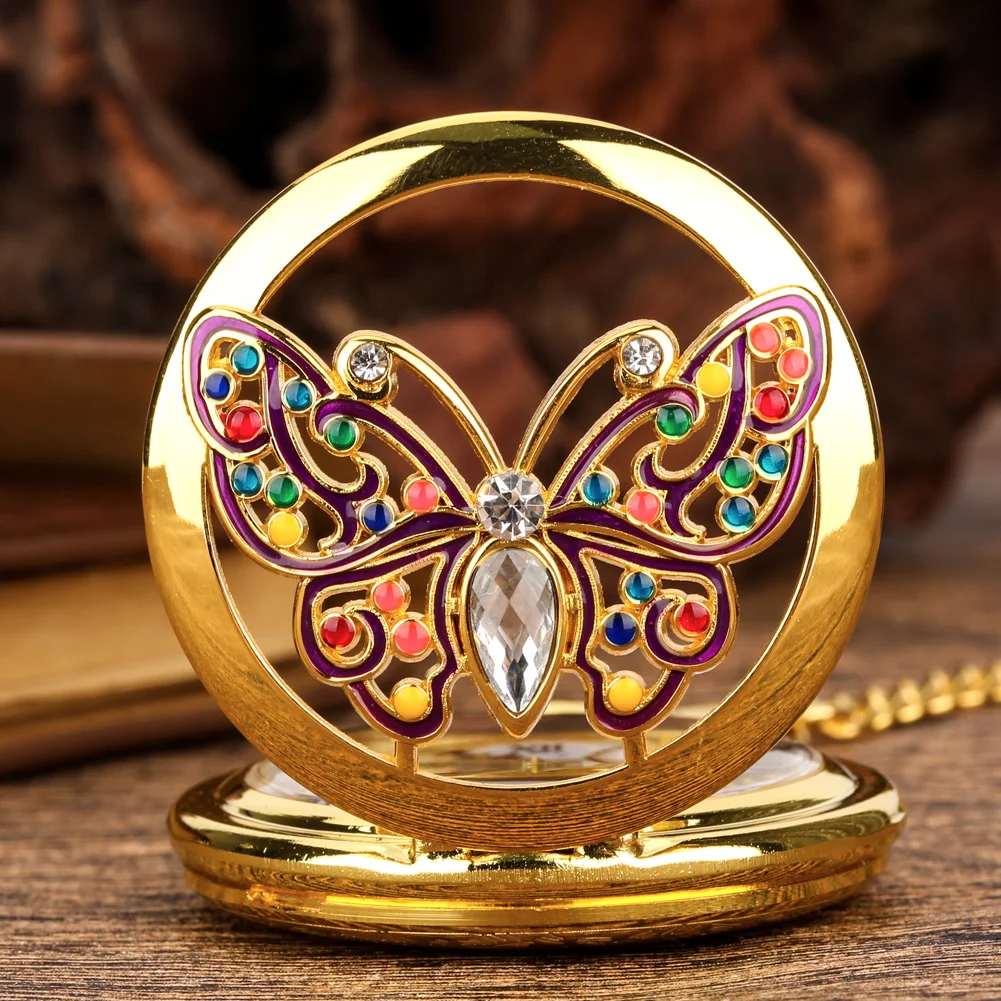 

Luxury Golden Quartz Pocket Watches Butterfly Openwork Cover Pendant Pocket Watch Colorful Dial Roman Numeral Clock Thick Chain