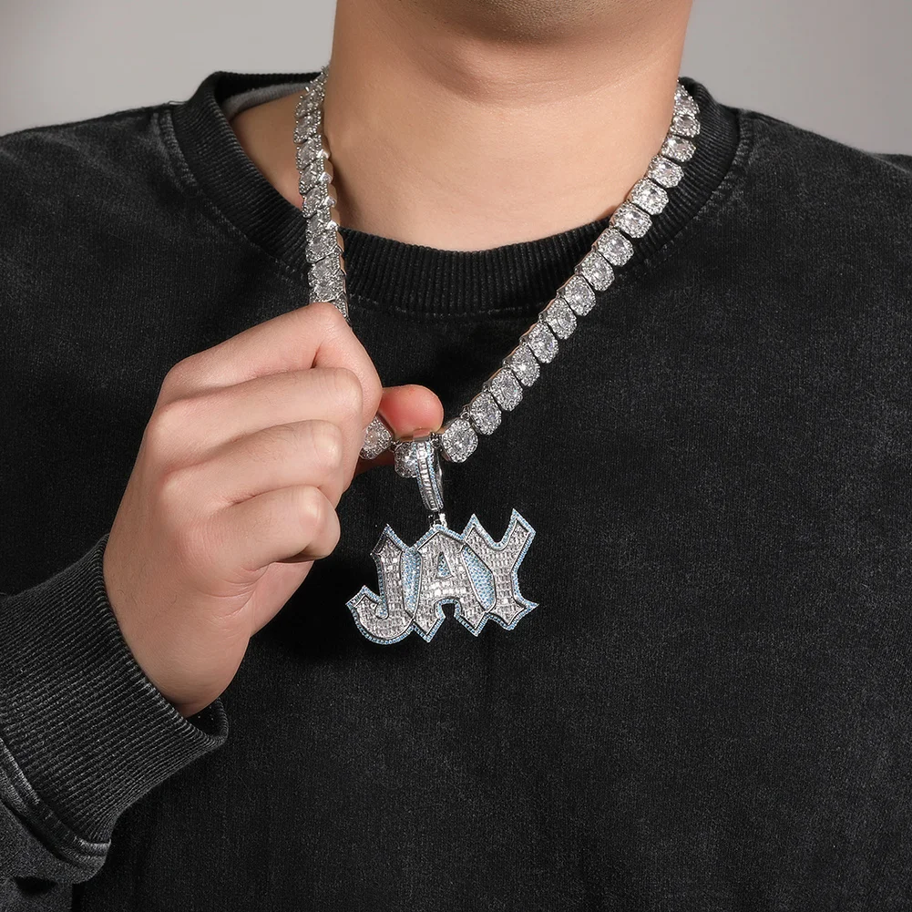 Uwin Custom Double Layer Baguette Cz Name Pendant Necklaces For Women Bling Cubic Zirconia Letter Necklace Charm HipHop Jewelry