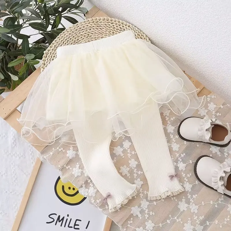 

Fake Girls 2022 Two-piece Pants Skirt Children Yarn Girls New Bowknot Culottes Spring Thin Skirt Leggings Trousers Net Baby