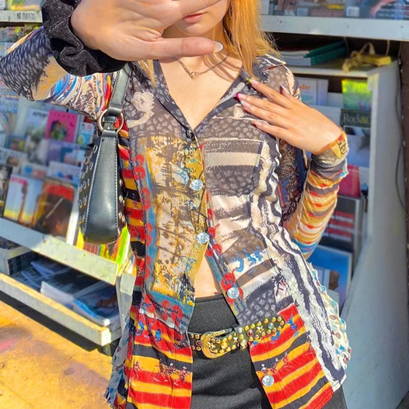 

Patchwork Print Y2K T-Shirts Women Techwear Button Up Turn Down Collar Mesh Tops Long Sleeve Vintage Girl Tee Autumn