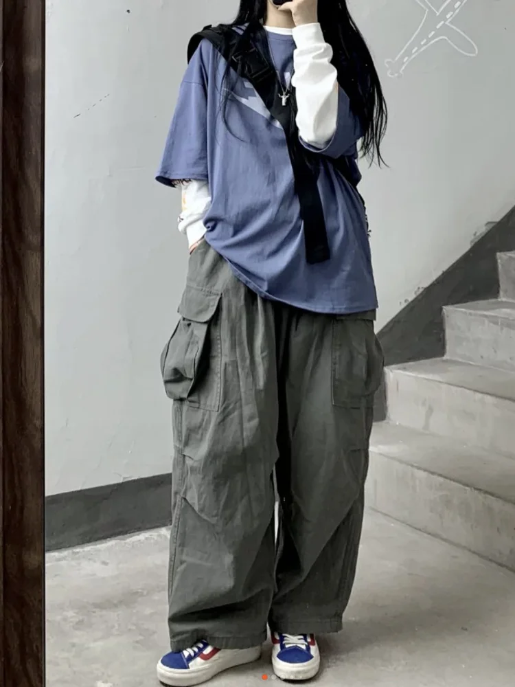 

Женские Мешковатые брюки-карго в японском стиле Харадзюку, брюки большого размера, уличная одежда, повседневные женские брюки с широкими штанинами, Ретро мода