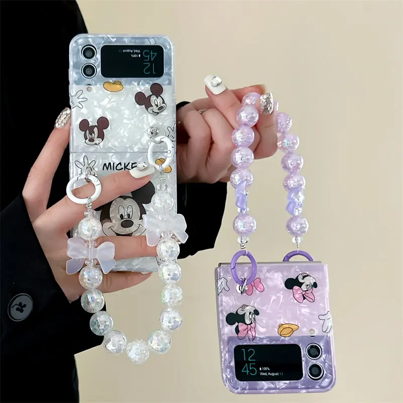 

New Luxury Shell Texture Disney Mickey Minnie with Lanyard Phone Case for Samsung Galaxy Z Flip 3 Z Flip 4 5G PC Hard Back Cover