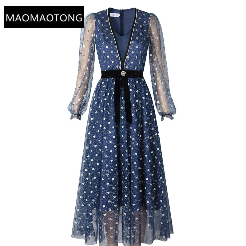 

Dresses For Women 2022 Luxury Designer Elegant Runway Lantern Sleeve V-neck Mesh Dot Cascading Ruffle Vacation Gown Sexy Dress