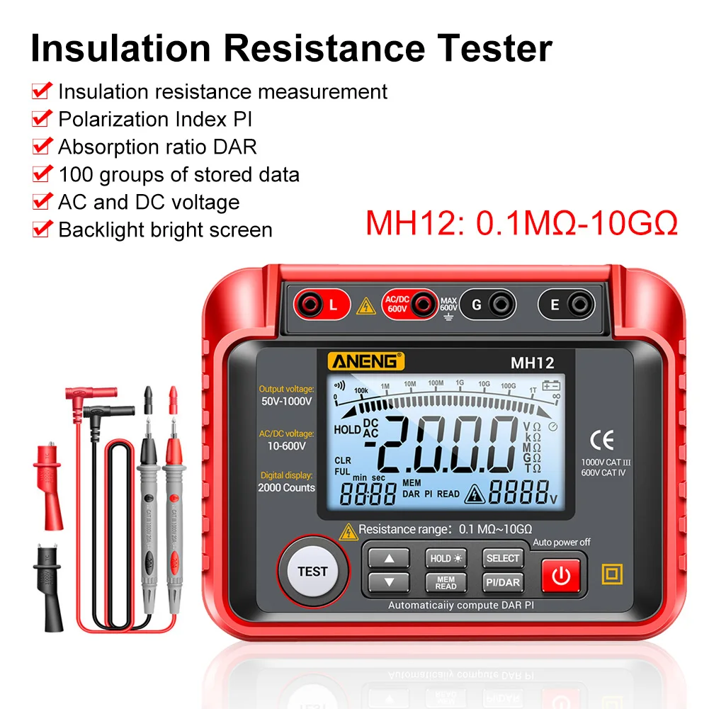 Digital Megohmmeter Insulation Resistance Meter 50-1000V Ohm AC DC Voltage Tester Megger Voltmeter Tool With LCD Display
