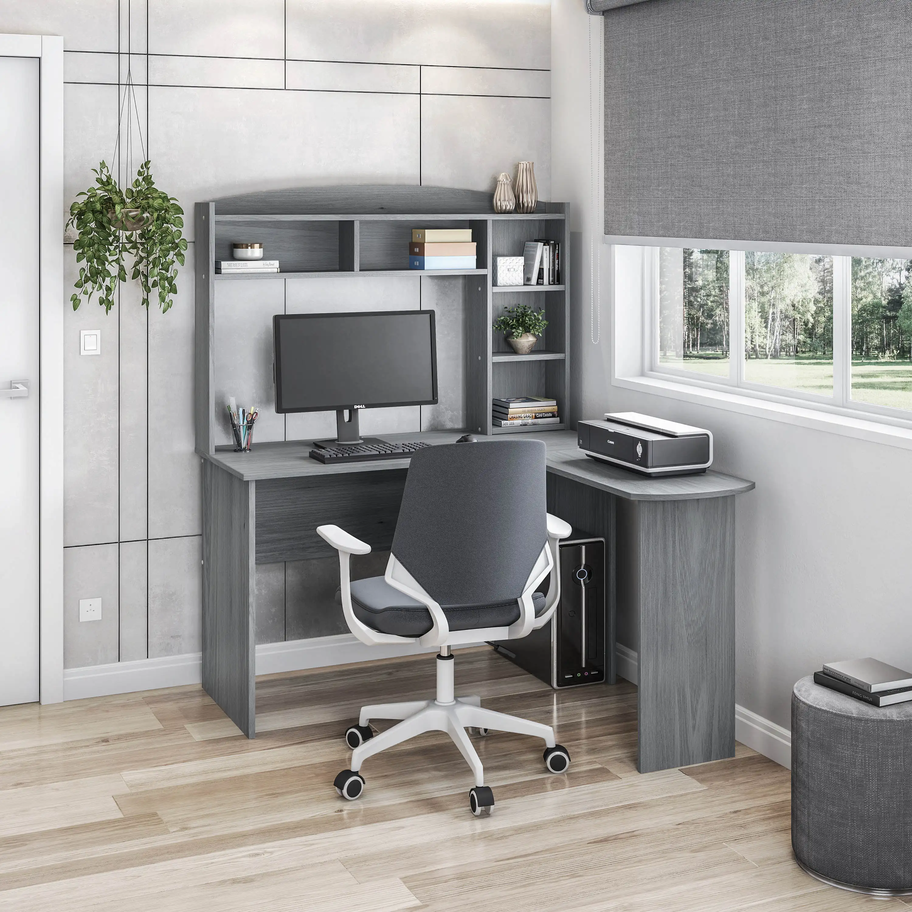 

Techni Mobili Modern L-Shaped Desk with Hutch, Grey