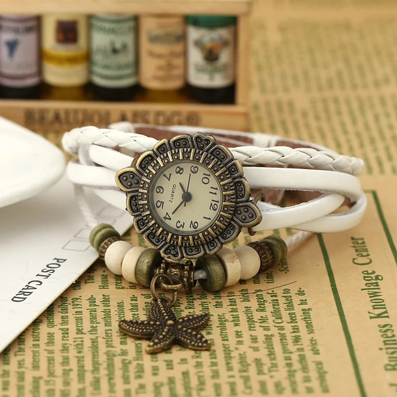 New Women Vintage Genuine Leather Strap Watches Alloy Starfish Bracelet Women Dress Watch Punk Style Women Quartz Wristwatch