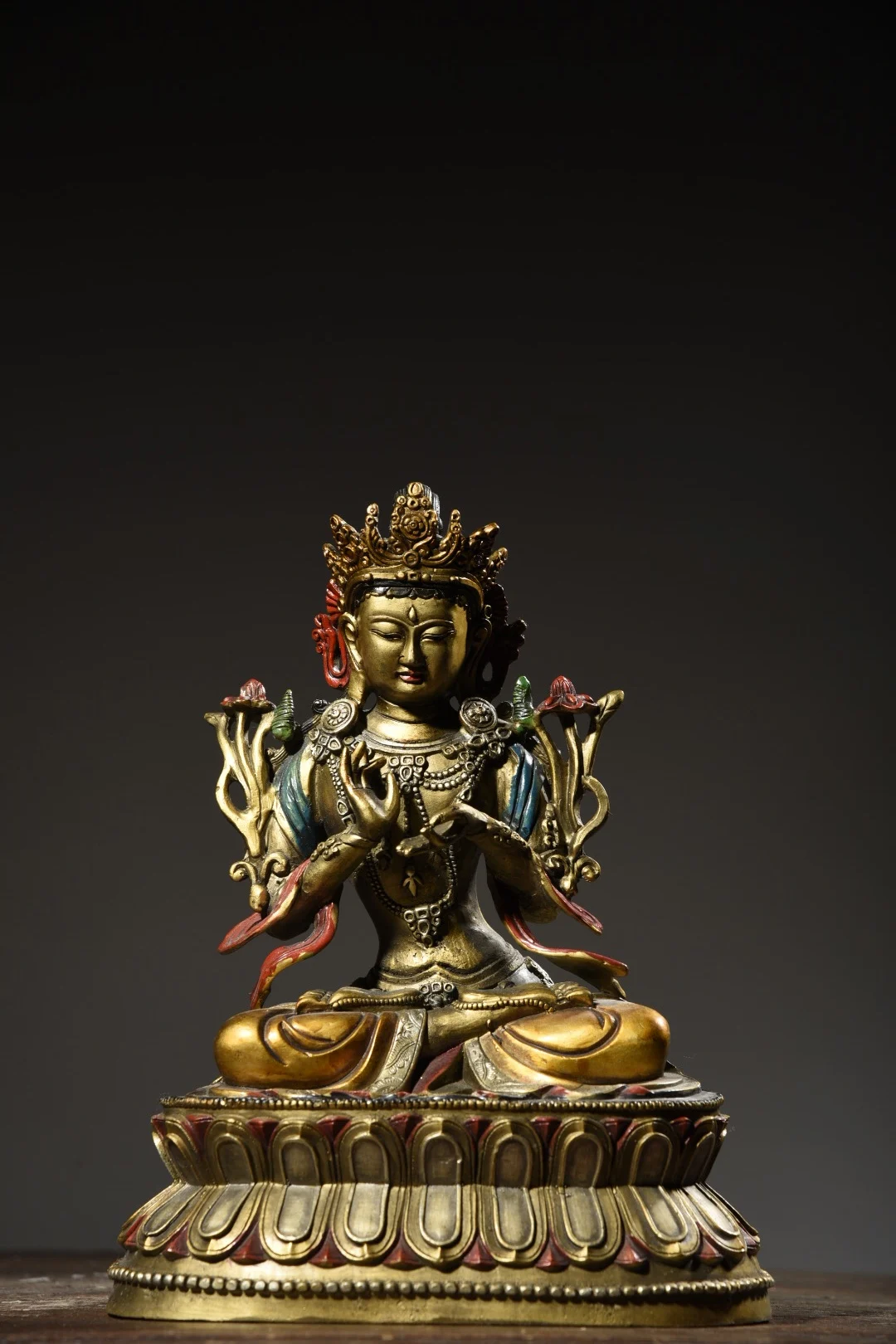 

10" Tibetan Temple Collection Old Bronze Painted Maitreya Bodhisattva Tara Bodhisattva lotus platform worship buddha Town house