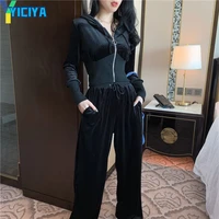 yiciya woman tracksuits casual black velvet hooded cardigan short coat trousers set of two fashion pieces for womens 2022 autumn