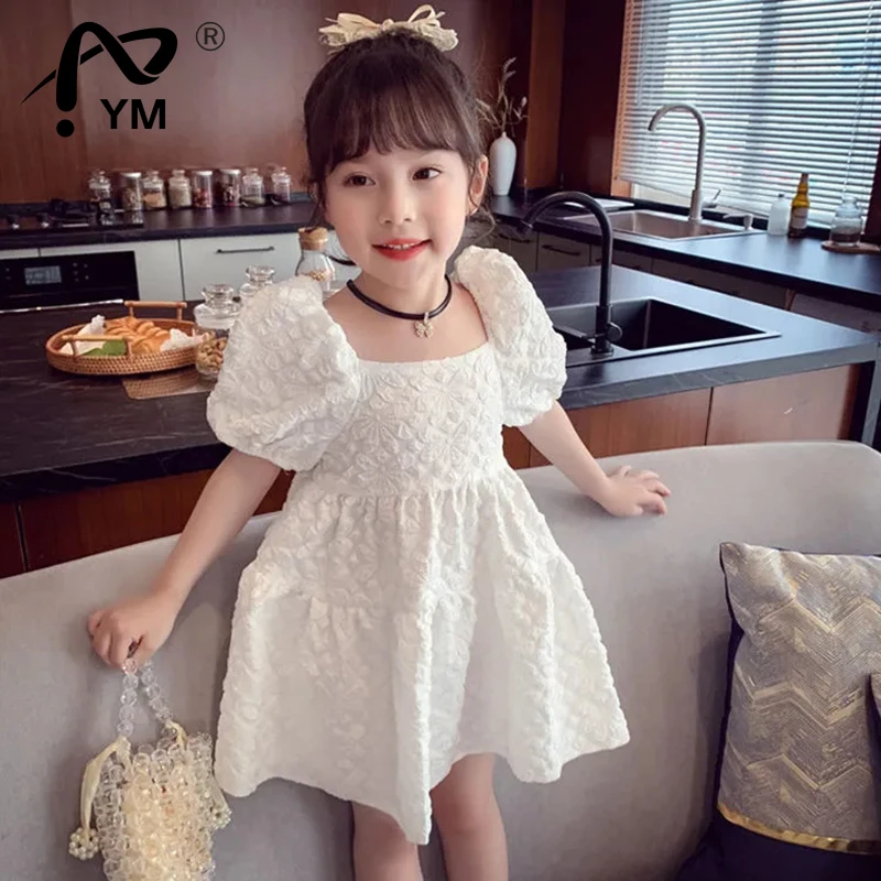 

New 2022 Kids Clothes Girls Summer Elegant Dress for Toddler Girls Puff Sleeve White Princess Dress for Children Clothes