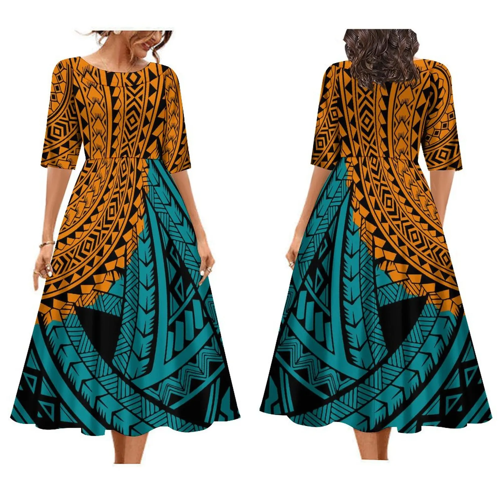 Женское полинезийское Летнее Длинное платье с коротким рукавом и круглым