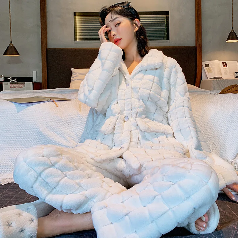 Women Casual Long Sleeve Pyjama Pijama Winter Thicken Warm White Flannel Pajamas Sets Sleepwear Homewear