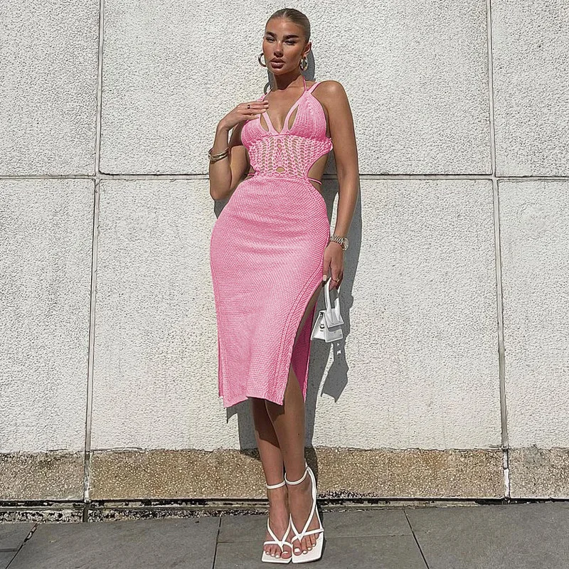 

Solid Color Knitted Rib Long Dress for Women Sexy Spaghetti Strap Lace Up V Neck Backless High Slit Bodycon Night Club Vestitos