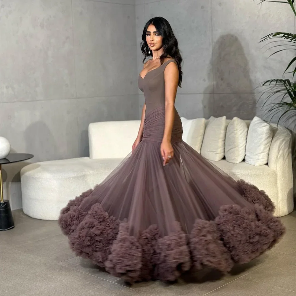 

Sexy Tiered Ruffles Tulle Evening Dresses Off the Shoulder Pleat Ruched Saudi Arabic Prom Dress Celebrity Party Gowns 2023