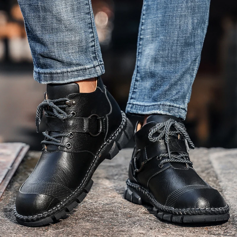 HIKEUP Men's Hiking Shoes Martin Boots Two-layer Cowhide Outdoor Rock Climbing Shoes Plus Size Toe Safety Men's Sneakers