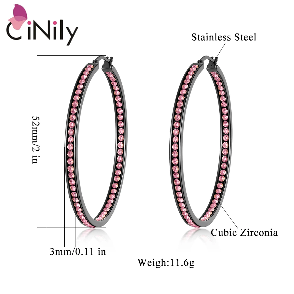 CiNily Multicolor Crystal Stainless Steel Sliver Hoop Earrings Big Round Circle Rock Punk Fully-Jewelled For Women Girls Party images - 6