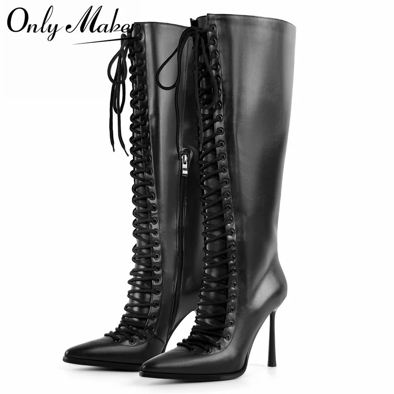 Фото Onlymaker Сапоги до колена из искусственной кожи с острым носком на шнуровке Модные элегантные ботинки на тонком каблуке с боковой молнией №1