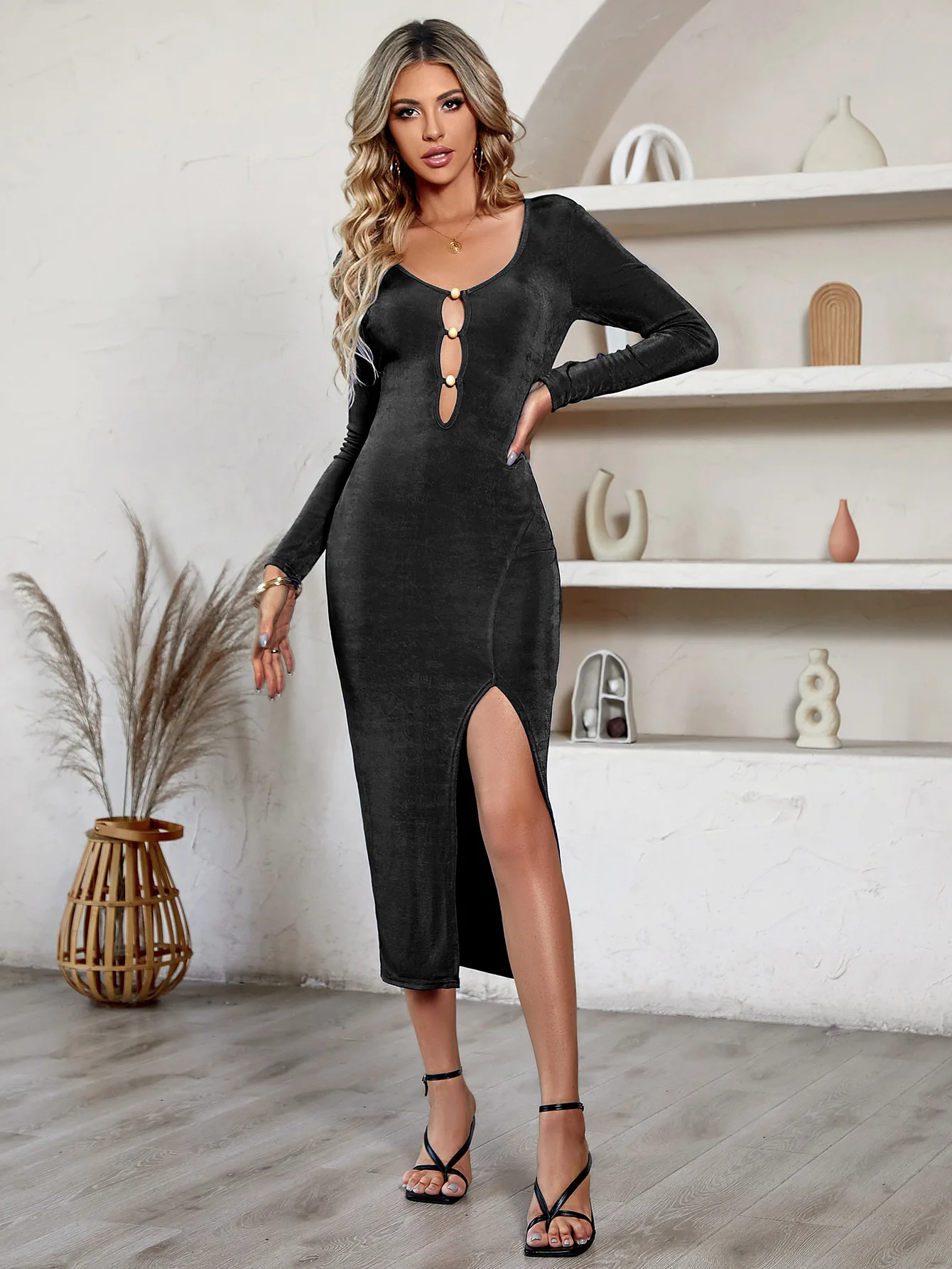 

Платье женское однотонное с V-образным вырезом, длинным рукавом и разрезом