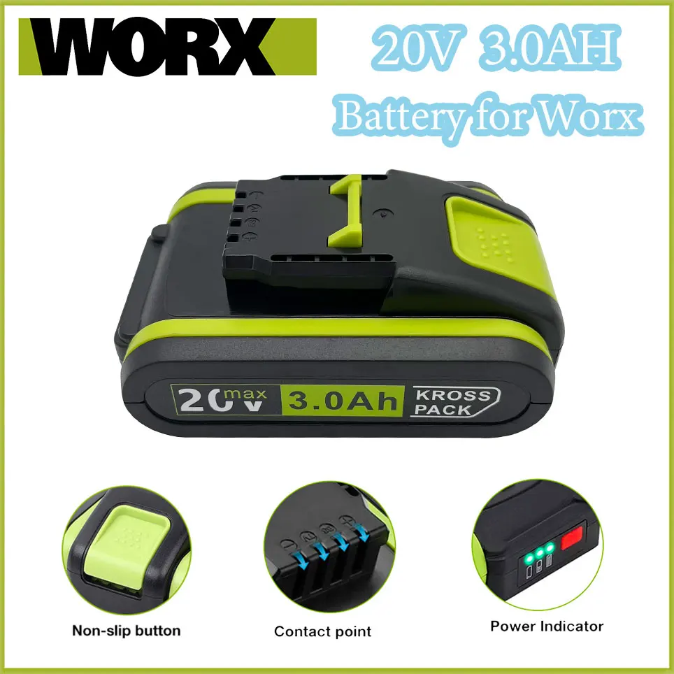 

Worx New Power Tools Rechargeable Replacement Battery 20V 3000mAh Lithium for Worx WA3551 WA3553 WX390 WX176 WX178 WX386 WX678