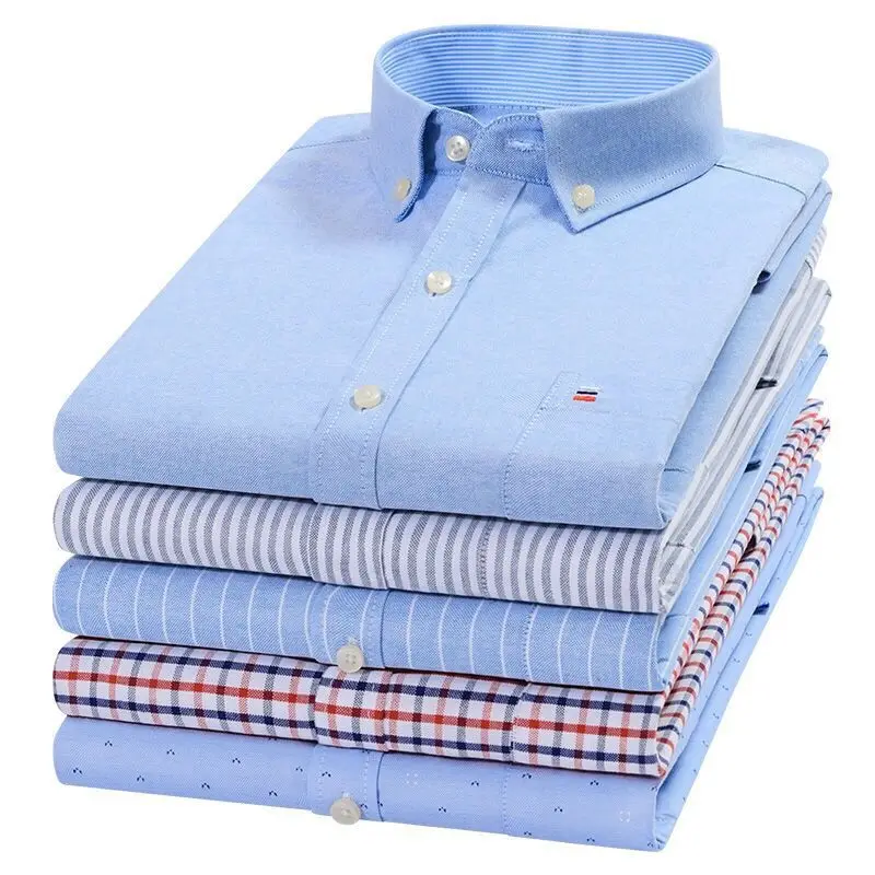 Men's Short Sleeve Oxford Plaid Striped Casual Dress Shirts Front Patch Chest Pocket Regular-fit Button-down Collar Work Shirts