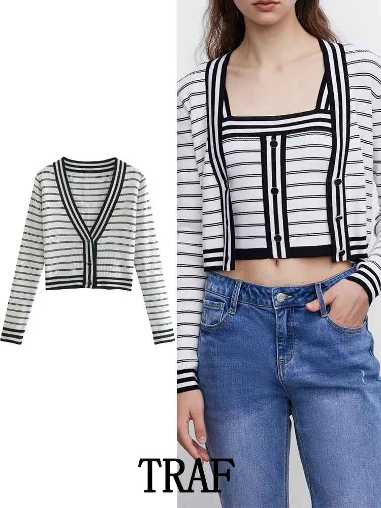 

TRAF ZA&ree 2022 Woman Knitted Cardigan Autumn Sweater Stripe Knitted Casual Long Sleeve Cardigans Coat Button Up Vintage Tops