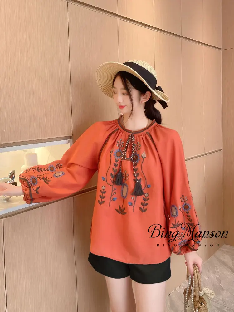 

Ethnic Tassel Flower Embroidery Striped Shirt Women's Lantern Sleeve Loose Top Vintage Lace Up Round Neck Shirt for Women
