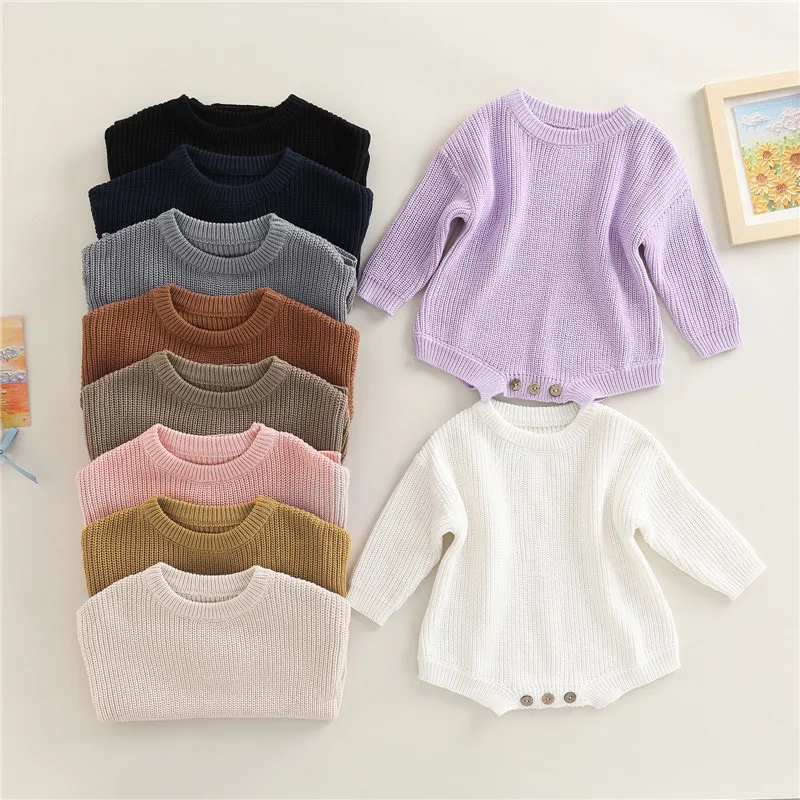

Newborn Baby Knitted Romper 0-2 Years Ribbed Surface Round Neck Long Sleeve Solid Color Crotch Button Bodysuit Infants Girls Boy