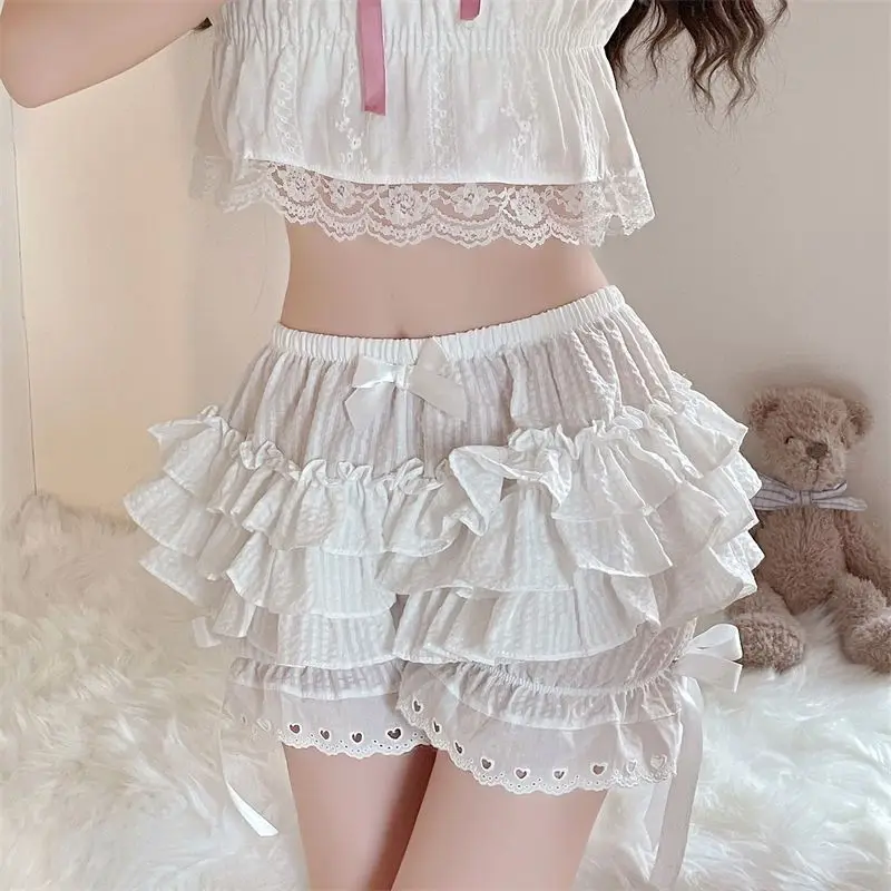 Women Black White Ruffle Shorts Kawaii Lace Bowknot Lolita Pumpkin Panties Cute Safety Shorts Pants Vintage Victorian Bloomers