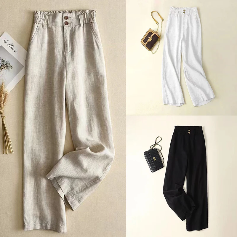 Women Loose Wide Pants Vintage Cotton Linen Pants Solid Color Straight Baggy Pants Woman Elastic Waist Bottom Straight Pants