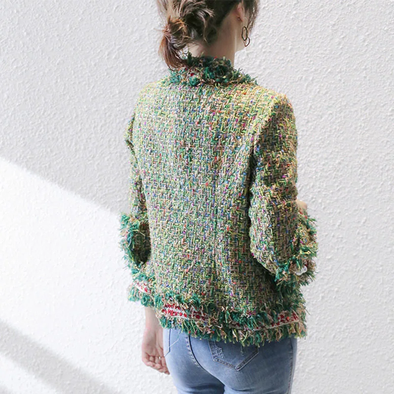 Женская однобортная винтажная твидовая шерстяная куртка пальто с кисточками