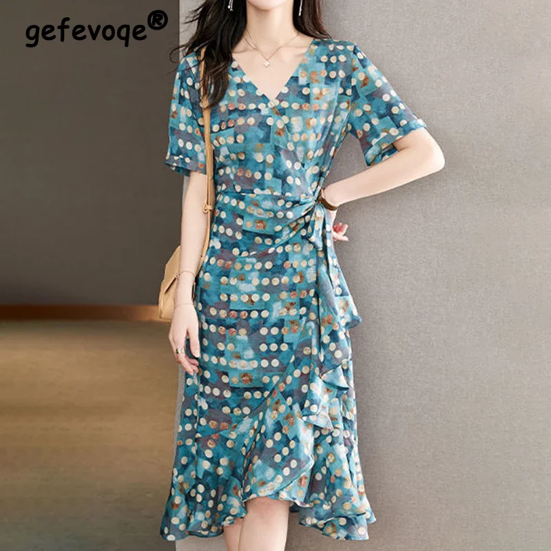 

Elegant Fashion Polka Dot Printed Belt Zipper Dresses Summer 2022 Short Sleeve V-Neck Slim Oversized Midi Dress Women's Clothing