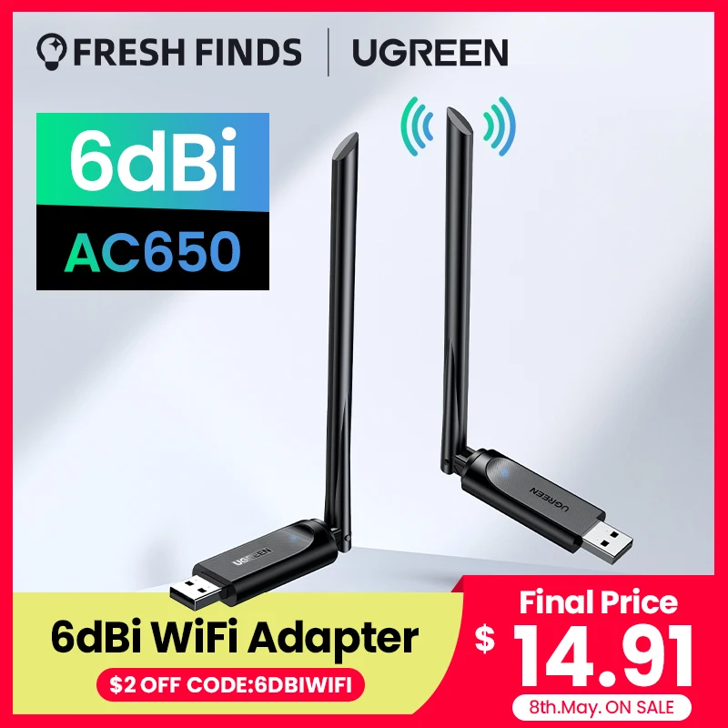  UGREEN WiFi адаптер AC650Mbps 6dBi антенна WiFi USB для ноутбука компьютера USB Ethernet Сетевая карта WiFi ключ 