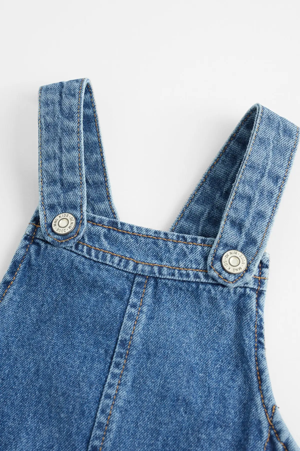 

Medium light wash denim pinafore dress Button Cotton Mini Solid Color Strap U Collar Blue