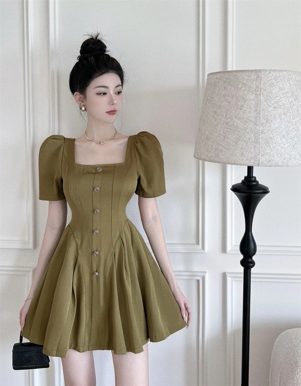 

Senior French Retro Square Neck Bubble Sleeve Dress Women 2022 Summer New Style Waist Style A-line Skirt ZA Fashion Elegant Y2k