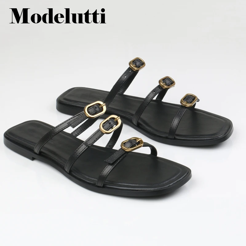 

Modelutti 2023 New Summer Fashion Genuine Leather Metal Button Flat Slippers Women Sandals Casual Simple Beach Shoes Female