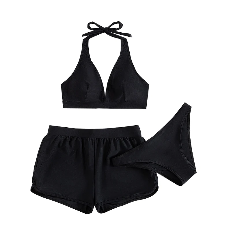 Купальник женский однотонный черный с завышенной талией яркий комплект 2022 новый